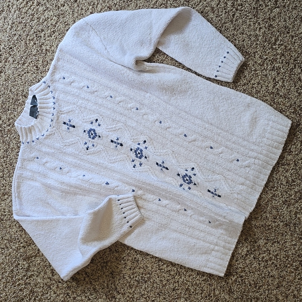 Cozy White Sweater with Blue Accents